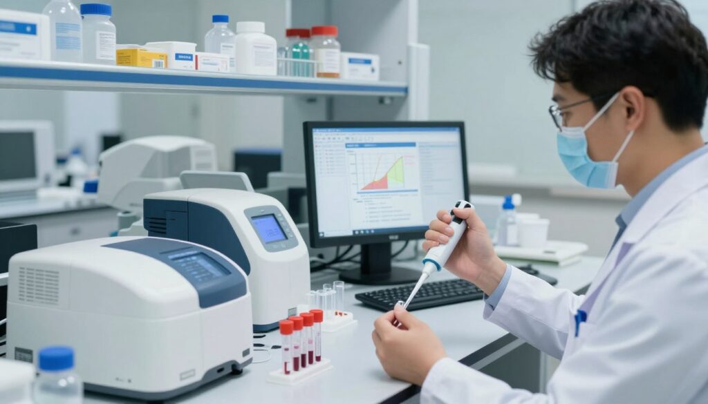 A medical laboratory scene focusing on diagnostic tests for elevated D-dimer levels. In the foreground, a clinician in professional business attire examines samples using precision pipettes and test tubes, vividly showcasing the laboratory's high-tech equipment. The middle layer includes various diagnostic instruments like a blood analyzer and a computer screen displaying lab results with graphs and charts related to D-dimer tests. In the background, shelves filled with medical supplies and research materials suggest an advanced, sterile environment. Soft, bright lighting illuminates the space, enhancing the atmosphere of scientific inquiry and professionalism. The overall mood is one of diligence and meticulous attention to medical diagnostics, illustrating the importance of these tests in patient management.
