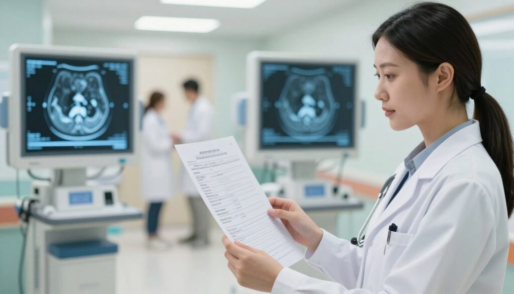 A medical professional, a woman in a white lab coat, stands in a bright, modern hospital corridor, holding a CT scan report. The foreground features her focused expression as she examines the report, showcasing detailed medical notes visible on the paper. In the middle ground, a digital display screen shows a 3D representation of a CT scan, illuminated softly to add depth. The background includes blurred images of hospital equipment and patients in modest clothing, suggesting a busy, professional medical environment. The lighting is bright and clinical, creating a sense of trust and professionalism, with a warm glow emphasizing the importance of understanding medical recommendations. The mood is serious yet hopeful, encouraging health awareness and patient education. A medical professional, a woman in a white lab coat, stands in a bright, modern hospital corridor, holding a CT scan report. The foreground features her focused expression as she examines the report, showcasing detailed medical notes visible on the paper. In the middle ground, a digital display screen shows a 3D representation of a CT scan, illuminated softly to add depth. The background includes blurred images of hospital equipment and patients in modest clothing, suggesting a busy, professional medical environment. The lighting is bright and clinical, creating a sense of trust and professionalism, with a warm glow emphasizing the importance of understanding medical recommendations. The mood is serious yet hopeful, encouraging health awareness and patient education.
