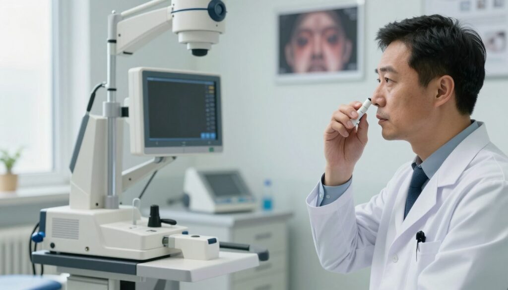 A medical professional preparing for a nasal cavity examination in a clinical setting. In the foreground, a doctor dressed in a white coat and professional attire is adjusting medical equipment, showing a look of focused determination. The middle layer features the examination room with diagnostic tools, including an X-ray machine specifically designed for nasal examinations, along with relevant medical imagery on the walls. In the background, soft daylight filters through the window, illuminating the space and creating a calm, sterile atmosphere. The mood is serious yet reassuring, emphasizing the importance of preparation for the procedure. The angle is slightly elevated, providing a clear view of both the doctor and the equipment while maintaining a sense of professionalism. A medical professional preparing for a nasal cavity examination in a clinical setting. In the foreground, a doctor dressed in a white coat and professional attire is adjusting medical equipment, showing a look of focused determination. The middle layer features the examination room with diagnostic tools, including an X-ray machine specifically designed for nasal examinations, along with relevant medical imagery on the walls. In the background, soft daylight filters through the window, illuminating the space and creating a calm, sterile atmosphere. The mood is serious yet reassuring, emphasizing the importance of preparation for the procedure. The angle is slightly elevated, providing a clear view of both the doctor and the equipment while maintaining a sense of professionalism.
