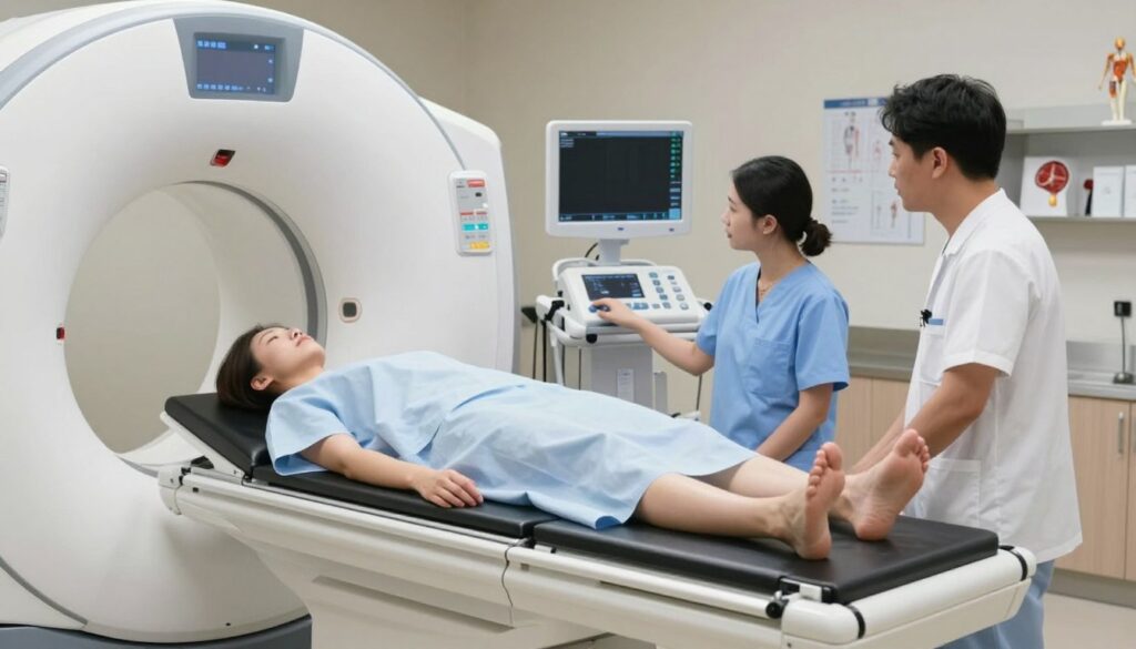 A medical setting depicting a knee MRI examination in progress. The foreground features a modern MRI machine with a patient lying comfortably on the examination table, wearing a hospital gown. The middle ground includes medical personnel in professional attire, attentively monitoring the procedure and interacting with diagnostic equipment, while maintaining a calm and reassuring demeanor. The background shows soft, sterile lighting, enhancing the clinical atmosphere, with charts and anatomical models visible on shelves. The image captures a sense of professionalism and care, emphasizing the advanced technology and safe environment integral to knee resonance imaging. The overall mood is tranquil and focused, reflecting a reassuring experience for the patient.