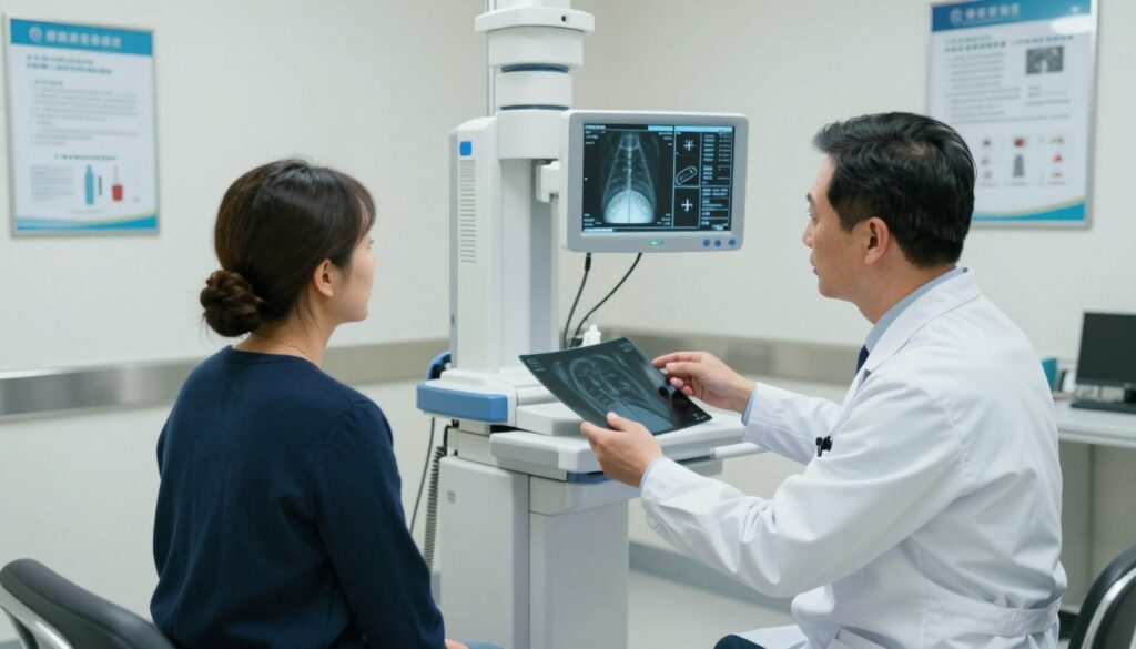 A medical setting featuring a radiology room with advanced imaging equipment. In the foreground, a doctor in professional attire is explaining a radiology technique to a patient seated on an examination table, looking attentive and curious. The middle section showcases an X-ray machine and a digital display with medical images. The background includes medical charts and an informative poster about contrast imaging. Soft, natural lighting illuminates the room, creating a calm and sterile environment. The camera angle is slightly elevated, capturing the interaction between the doctor and the patient, emphasizing the professionalism and care involved in the X-ray procedure with contrast. The mood is informative and reassuring, inviting trust in the medical process. A medical setting featuring a radiology room with advanced imaging equipment. In the foreground, a doctor in professional attire is explaining a radiology technique to a patient seated on an examination table, looking attentive and curious. The middle section showcases an X-ray machine and a digital display with medical images. The background includes medical charts and an informative poster about contrast imaging. Soft, natural lighting illuminates the room, creating a calm and sterile environment. The camera angle is slightly elevated, capturing the interaction between the doctor and the patient, emphasizing the professionalism and care involved in the X-ray procedure with contrast. The mood is informative and reassuring, inviting trust in the medical process.