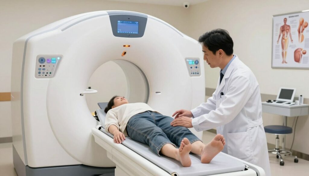 A modern MRI machine focused on a knee examination, set in a clean, well-lit medical environment. The foreground features a professional technician dressed in a lab coat, carefully explaining safety protocols to a patient wearing modest, casual clothing. In the middle ground, the MRI machine is prominently displayed, showcasing its sleek design and advanced technology. The background reveals medical equipment and anatomical posters related to knee health, emphasizing the importance of safety and preparation for the procedure. Soft, natural lighting enhances the calm atmosphere, suggesting a reassuring, professional medical setting. Shot from a slight angle to create depth, reflecting the significance of safety measures in MRI diagnostics.