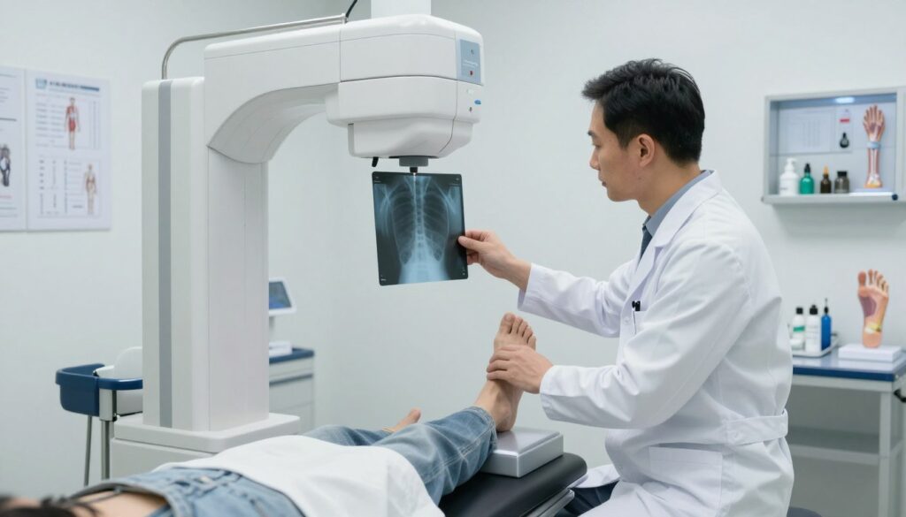A modern X-ray examination room featuring a patient seated on an examination table. The scene includes a professional technician in a white medical coat, preparing to take an X-ray of a patient's foot. Bright, clinical lighting illuminates the room, highlighting the X-ray machine and the foot positioned on the machine's platform. The background displays medical charts, an anatomical model of a foot, and various medical instruments neatly organized. The atmosphere is clean, sterile, and focused, emphasizing the seriousness of the procedure while conveying a sense of care and professionalism. The angle captures both the technician and the X-ray machine in action, ensuring clear visibility of the foot being examined. A modern X-ray examination room featuring a patient seated on an examination table. The scene includes a professional technician in a white medical coat, preparing to take an X-ray of a patient's foot. Bright, clinical lighting illuminates the room, highlighting the X-ray machine and the foot positioned on the machine's platform. The background displays medical charts, an anatomical model of a foot, and various medical instruments neatly organized. The atmosphere is clean, sterile, and focused, emphasizing the seriousness of the procedure while conveying a sense of care and professionalism. The angle captures both the technician and the X-ray machine in action, ensuring clear visibility of the foot being examined.