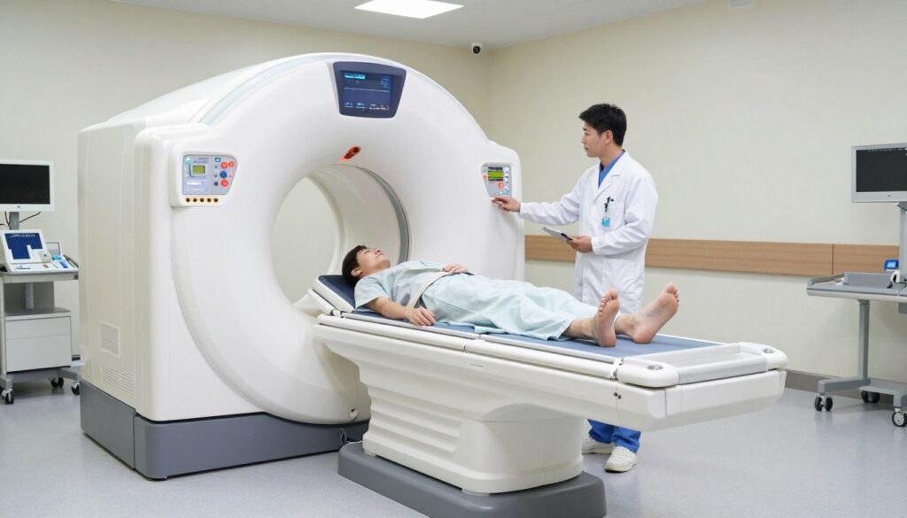 A modern computed tomography (CT) scanner in a well-lit hospital setting, showcasing its essential parameters. In the foreground, a sleek CT machine with intricate details of its design, including the gantry and control panel, illustrating high-tech features like buttons and screens. In the middle ground, a healthcare professional in a lab coat examines the machine, embodying expertise, while a patient lies on the scanner bed, appearing calm and relaxed. The background should subtly depict a clean, organized radiology room with medical equipment and imaging displays. Soft, diffuse lighting enhances the clinical environment, creating a professional and reassuring atmosphere, while a wide-angle view captures the machine’s scale and significance in medical imaging. A modern computed tomography (CT) scanner in a well-lit hospital setting, showcasing its essential parameters. In the foreground, a sleek CT machine with intricate details of its design, including the gantry and control panel, illustrating high-tech features like buttons and screens. In the middle ground, a healthcare professional in a lab coat examines the machine, embodying expertise, while a patient lies on the scanner bed, appearing calm and relaxed. The background should subtly depict a clean, organized radiology room with medical equipment and imaging displays. Soft, diffuse lighting enhances the clinical environment, creating a professional and reassuring atmosphere, while a wide-angle view captures the machine’s scale and significance in medical imaging.
