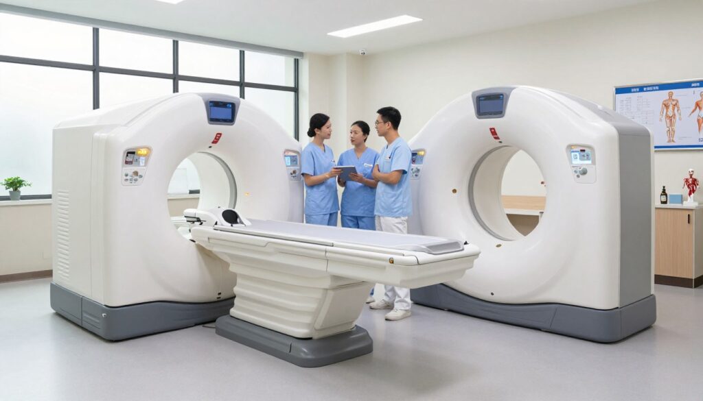 A modern medical facility interior showcasing advanced CT (computed tomography) scanners. In the foreground, a state-of-the-art CT machine with a sleek design, gleaming white surfaces, and illuminated control panels. In the middle, a bright, spacious room with large windows providing natural light, and medical professionals in professional attire discussing the equipment. The background features medical charts, anatomical models, and essential accessories for diagnostic procedures. Soft, even lighting creates a clinical atmosphere while emphasizing cleanliness and innovation. The angle captures the entire setup, highlighting the importance of choosing the right CT scanner for medical needs, blending professionalism with a welcoming environment. A modern medical facility interior showcasing advanced CT (computed tomography) scanners. In the foreground, a state-of-the-art CT machine with a sleek design, gleaming white surfaces, and illuminated control panels. In the middle, a bright, spacious room with large windows providing natural light, and medical professionals in professional attire discussing the equipment. The background features medical charts, anatomical models, and essential accessories for diagnostic procedures. Soft, even lighting creates a clinical atmosphere while emphasizing cleanliness and innovation. The angle captures the entire setup, highlighting the importance of choosing the right CT scanner for medical needs, blending professionalism with a welcoming environment.