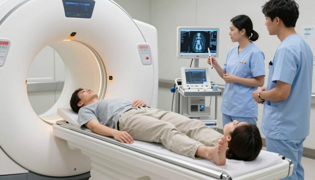 A modern medical imaging room showcasing an MRI machine in operation. In the foreground, a patient in modest casual clothing lies on the MRI scanner table, looking calm and relaxed. The MRI scanner emits a soft glow, indicating the use of a contrast agent. The middle ground features medical staff in professional attire monitoring the process, with one nurse holding a syringe with contrast medium ready for administration. In the background, detailed medical equipment is visible, including monitors displaying the patient's scanned images. The lighting is bright but soft, emphasizing a clean, clinical atmosphere. The mood conveys a sense of professionalism and comfort within a state-of-the-art medical facility, highlighting the importance of preparation for an MRI with contrast. A modern medical imaging room showcasing an MRI machine in operation. In the foreground, a patient in modest casual clothing lies on the MRI scanner table, looking calm and relaxed. The MRI scanner emits a soft glow, indicating the use of a contrast agent. The middle ground features medical staff in professional attire monitoring the process, with one nurse holding a syringe with contrast medium ready for administration. In the background, detailed medical equipment is visible, including monitors displaying the patient's scanned images. The lighting is bright but soft, emphasizing a clean, clinical atmosphere. The mood conveys a sense of professionalism and comfort within a state-of-the-art medical facility, highlighting the importance of preparation for an MRI with contrast.