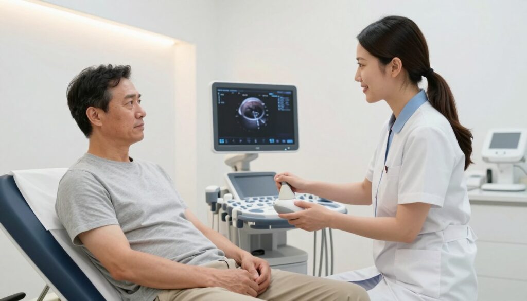 A modern medical setting depicting a patient preparing for a kidney ultrasound examination. In the foreground, a middle-aged man in modest casual clothing sits on an examination table, looking slightly anxious but calm, while a friendly female technician, dressed in professional medical attire, explains the procedure. In the middle background, an ultrasound machine is visible, with its screen displaying a kidney diagram. The room is brightly lit, featuring white walls and sterile medical equipment, creating a clean, clinical atmosphere. Soft overhead lighting casts a warm glow, enhancing the sense of care and professionalism. The angle is slightly tilted to capture both the patient’s expression and the technician's reassuring demeanor, inviting an atmosphere of trust and competence. A modern medical setting depicting a patient preparing for a kidney ultrasound examination. In the foreground, a middle-aged man in modest casual clothing sits on an examination table, looking slightly anxious but calm, while a friendly female technician, dressed in professional medical attire, explains the procedure. In the middle background, an ultrasound machine is visible, with its screen displaying a kidney diagram. The room is brightly lit, featuring white walls and sterile medical equipment, creating a clean, clinical atmosphere. Soft overhead lighting casts a warm glow, enhancing the sense of care and professionalism. The angle is slightly tilted to capture both the patient’s expression and the technician's reassuring demeanor, inviting an atmosphere of trust and competence.
