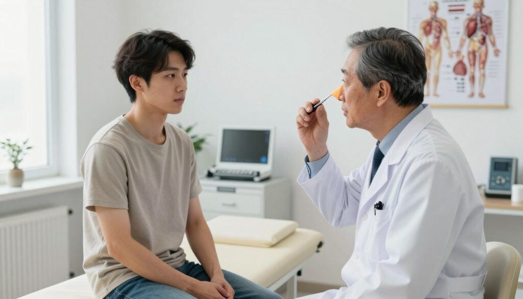 A professional medical examination scene focused on nasal examination, featuring a doctor and a patient in a well-lit clinic. In the foreground, a middle-aged physician in a white lab coat stands confidently, holding a nasal examination tool, looking attentively at the patient. The patient, a young adult in modest casual clothing, sits comfortably on an examination table, displaying a neutral expression. In the middle ground, a variety of medical equipment and charts about sinus health can be seen, conveying a sense of professionalism. In the background, a clean and organized office environment includes anatomical posters of the human nose and sinuses, with soft, natural lighting creating a calm and reassuring atmosphere, emphasizing the private nature of the examination. A professional medical examination scene focused on nasal examination, featuring a doctor and a patient in a well-lit clinic. In the foreground, a middle-aged physician in a white lab coat stands confidently, holding a nasal examination tool, looking attentively at the patient. The patient, a young adult in modest casual clothing, sits comfortably on an examination table, displaying a neutral expression. In the middle ground, a variety of medical equipment and charts about sinus health can be seen, conveying a sense of professionalism. In the background, a clean and organized office environment includes anatomical posters of the human nose and sinuses, with soft, natural lighting creating a calm and reassuring atmosphere, emphasizing the private nature of the examination.