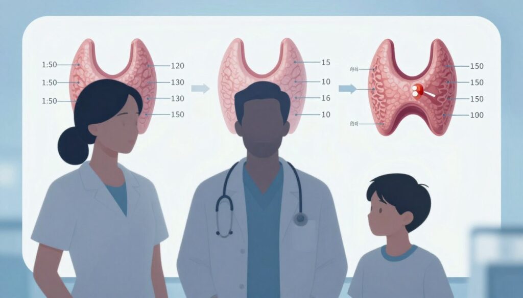 A professional medical illustration depicting the volume of the thyroid gland in women, men, and children. In the foreground, showcase anatomically accurate, labeled silhouettes of a woman, man, and child, each wearing modest, professional attire. The middle ground includes clear anatomical diagrams of the thyroid gland, with specific measurements and reference values highlighted. In the background, a subtle gradient of soft blue and white to evoke a clinical atmosphere. Use soft, diffuse lighting to enhance clarity and focus on the subjects. A close-up view is preferred, with a slight angle that emphasizes the differences in thyroid volume among the three groups, creating an informative yet serene and professional mood. No text or overlays in the image. A professional medical illustration depicting the volume of the thyroid gland in women, men, and children. In the foreground, showcase anatomically accurate, labeled silhouettes of a woman, man, and child, each wearing modest, professional attire. The middle ground includes clear anatomical diagrams of the thyroid gland, with specific measurements and reference values highlighted. In the background, a subtle gradient of soft blue and white to evoke a clinical atmosphere. Use soft, diffuse lighting to enhance clarity and focus on the subjects. A close-up view is preferred, with a slight angle that emphasizes the differences in thyroid volume among the three groups, creating an informative yet serene and professional mood. No text or overlays in the image.