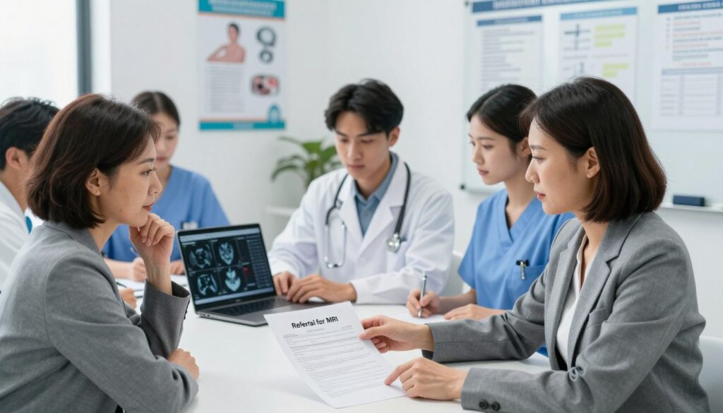 A professional medical office setting featuring a diverse group of healthcare professionals gathered around a table discussing a referral document. In the foreground, a middle-aged female physician in a tailored suit points to a document labeled "Referral for MRI" with a thoughtful expression. In the middle, a young male doctor in a white lab coat examines a laptop showing medical images, while a nurse in scrubs takes notes. The background reveals medical posters and a whiteboard filled with relevant information. The lighting is bright and clinical, casting a clean, focused atmosphere. The perspective is from slightly above, capturing the teamwork and professionalism in the room, emphasizing the importance of referrals in the medical process.