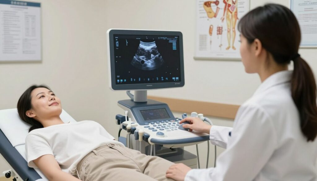 A professional medical setting featuring a well-lit examination room with a focus on a thyroid ultrasound being performed. In the foreground, a healthcare professional, dressed in a clean, white lab coat, is operating an ultrasound machine, demonstrating the advanced technology. The patient, who is dressed in a simple, modest casual outfit, is comfortably reclining on the examination table, with a warm and reassuring demeanor. The middle ground highlights the ultrasound monitor displaying real-time images of the patient's thyroid gland, emphasizing details like the gland's shape and surrounding tissues. In the background, soft medical charts and anatomical diagrams can be seen on the walls, enhancing the clinical atmosphere. The overall mood is calm and professional, with soft lighting that instills a sense of trust and care in the medical process. A professional medical setting featuring a well-lit examination room with a focus on a thyroid ultrasound being performed. In the foreground, a healthcare professional, dressed in a clean, white lab coat, is operating an ultrasound machine, demonstrating the advanced technology. The patient, who is dressed in a simple, modest casual outfit, is comfortably reclining on the examination table, with a warm and reassuring demeanor. The middle ground highlights the ultrasound monitor displaying real-time images of the patient's thyroid gland, emphasizing details like the gland's shape and surrounding tissues. In the background, soft medical charts and anatomical diagrams can be seen on the walls, enhancing the clinical atmosphere. The overall mood is calm and professional, with soft lighting that instills a sense of trust and care in the medical process.