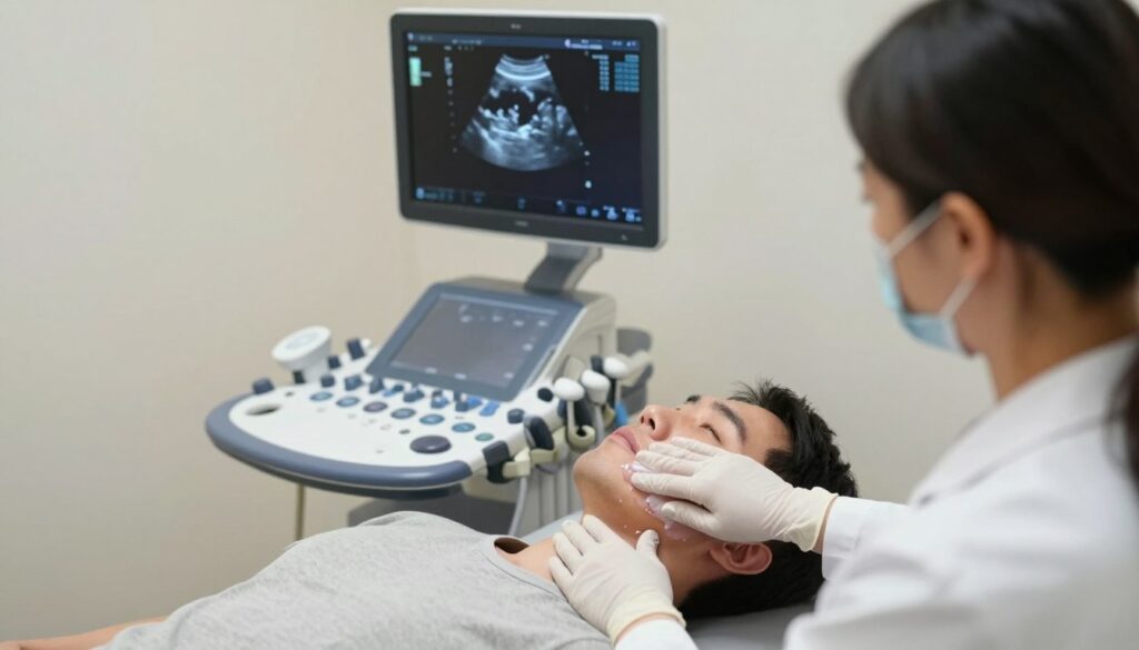 A professional medical setting showcasing a thyroid ultrasound examination in progress. In the foreground, a healthcare professional in a white lab coat, wearing gloves, is gently applying ultrasound gel on a patient's neck, who is dressed in modest casual clothing. The middle ground features a modern ultrasound machine with a large screen displaying a detailed view of the thyroid gland, emphasizing the technology used in these procedures. In the background, soft clinical lighting creates a calm atmosphere, highlighting clean and organized medical equipment. The scene captures a sense of trust and professionalism, focusing on the medical practice and the importance of understanding ultrasound costs. The angle is slightly elevated, giving a clear view of both the patient and the ultrasound machine. A professional medical setting showcasing a thyroid ultrasound examination in progress. In the foreground, a healthcare professional in a white lab coat, wearing gloves, is gently applying ultrasound gel on a patient's neck, who is dressed in modest casual clothing. The middle ground features a modern ultrasound machine with a large screen displaying a detailed view of the thyroid gland, emphasizing the technology used in these procedures. In the background, soft clinical lighting creates a calm atmosphere, highlighting clean and organized medical equipment. The scene captures a sense of trust and professionalism, focusing on the medical practice and the importance of understanding ultrasound costs. The angle is slightly elevated, giving a clear view of both the patient and the ultrasound machine.