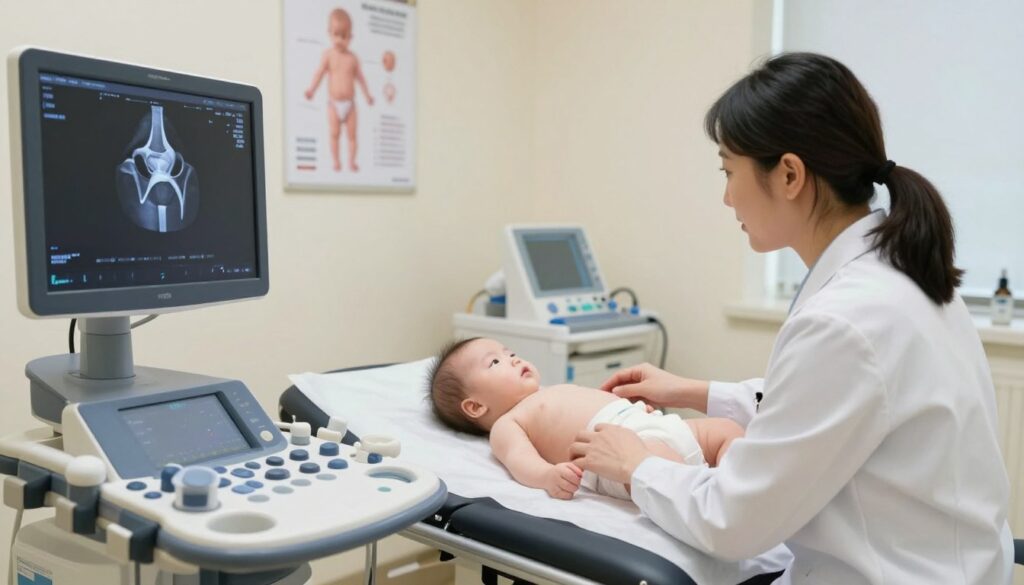 A serene, clinical setting showcasing a pediatric ultrasound examination of an infant's hip joints. In the foreground, a close-up of a high-resolution ultrasound machine displaying a live image of the baby's hip joint. The middle scene features a caring healthcare professional, dressed in a white lab coat, gently positioning the baby on the examination table, ensuring the comfort of the child. Soft, natural lighting illuminates the room, emphasizing the reassuring atmosphere. In the background, medical equipment is neatly arranged, and educational posters about infant hip health are displayed on pale-colored walls. The overall mood is calm and professional, reflecting a safe and nurturing environment for the infant’s examination. A serene, clinical setting showcasing a pediatric ultrasound examination of an infant's hip joints. In the foreground, a close-up of a high-resolution ultrasound machine displaying a live image of the baby's hip joint. The middle scene features a caring healthcare professional, dressed in a white lab coat, gently positioning the baby on the examination table, ensuring the comfort of the child. Soft, natural lighting illuminates the room, emphasizing the reassuring atmosphere. In the background, medical equipment is neatly arranged, and educational posters about infant hip health are displayed on pale-colored walls. The overall mood is calm and professional, reflecting a safe and nurturing environment for the infant’s examination.