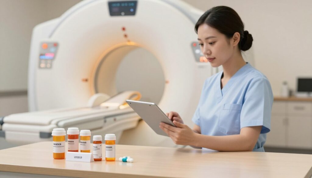 A serene healthcare environment featuring a professional medical setting. In the foreground, an assortment of prescription medications neatly arranged on a polished surface, with distinct labels clearly visible but without any brand names. In the middle, a calm nurse or doctor, dressed in professional attire, is attentively reviewing a patient’s medical history on a tablet. The background showcases a modern magnetic resonance imaging (MRI) machine, with soft lighting that casts a warm glow, emphasizing the contrast between the clinical apparatus and the human touch. The atmosphere is reassuring and focused, conveying a sense of care and professionalism, suitable for a healthcare article's visual representation.