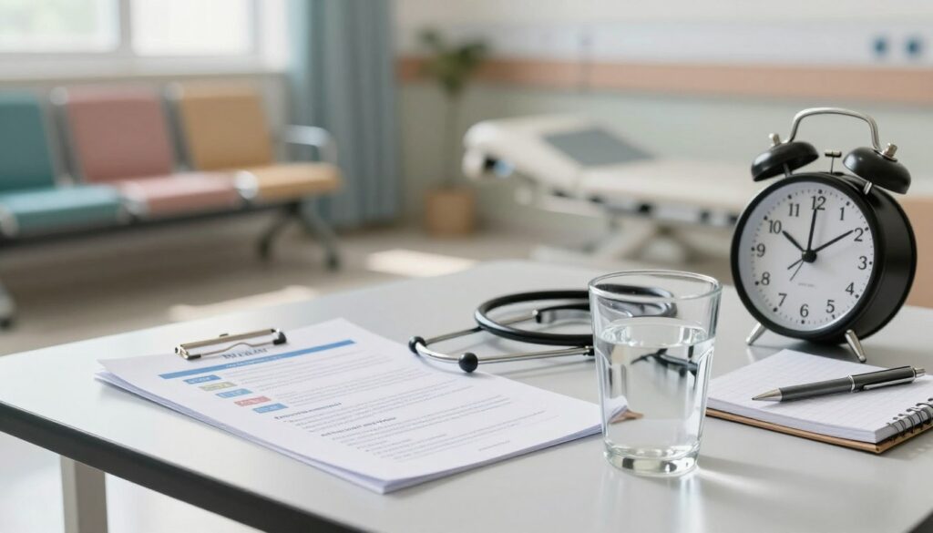 A serene hospital setting focusing on preparation for a fasting medical test, with a close-up of an empty water glass and a ticking clock in the foreground, symbolizing the passage of time. In the middle, a neatly arranged table holds informational pamphlets about MRI procedures, alongside a stethoscope and a notebook with a pen, indicating a professional environment. The background features a softly lit medical waiting area, with muted pastel colors and comfortable seating, suggesting a calm atmosphere. The overall mood is one of anticipation and professionalism, with natural light coming in from a window casting gentle shadows, enhancing the sense of care and preparation.
