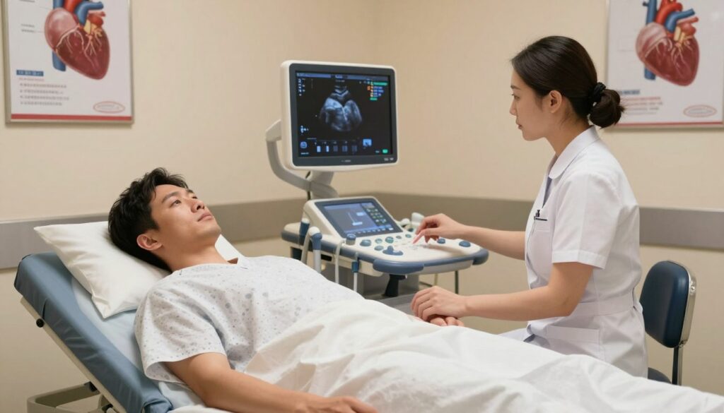 A serene medical examination room, softly lit with warm lights, conveying a sense of calm. In the foreground, a male patient in a modest hospital gown, lying on an examination bed, is preparing for an echocardiogram (echo) test, with a focused expression. To his side, a nurse in professional attire is setting up the ultrasound machine, adjusting settings and preparing gel. In the middle, medical instruments and a monitor displaying heart images are subtly visible, indicating readiness for the procedure. The background features medical posters related to heart health, enhancing the informative atmosphere. The overall mood is professional yet comforting, evoking a sense of trust and care in the medical environment. A serene medical examination room, softly lit with warm lights, conveying a sense of calm. In the foreground, a male patient in a modest hospital gown, lying on an examination bed, is preparing for an echocardiogram (echo) test, with a focused expression. To his side, a nurse in professional attire is setting up the ultrasound machine, adjusting settings and preparing gel. In the middle, medical instruments and a monitor displaying heart images are subtly visible, indicating readiness for the procedure. The background features medical posters related to heart health, enhancing the informative atmosphere. The overall mood is professional yet comforting, evoking a sense of trust and care in the medical environment.