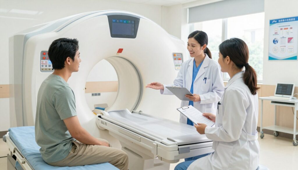 A well-lit hospital setting featuring a patient preparing for an MRI scan. In the foreground, a calm and composed individual in modest casual clothing sits on a hospital bed, listening attentively to a healthcare professional explaining the procedure. The healthcare worker, wearing a lab coat, displays a reassuring smile and holds a clipboard with instructions. In the middle, an MRI machine looms large, its door open in an inviting manner, showcasing its modern design. Background details include medical equipment, posters about MRI preparations on the walls, and soft, natural lighting streaming through large windows to create an atmosphere of professionalism and serenity. The overall mood is informative and reassuring, emphasizing the importance of preparation for such medical procedures. A well-lit hospital setting featuring a patient preparing for an MRI scan. In the foreground, a calm and composed individual in modest casual clothing sits on a hospital bed, listening attentively to a healthcare professional explaining the procedure. The healthcare worker, wearing a lab coat, displays a reassuring smile and holds a clipboard with instructions. In the middle, an MRI machine looms large, its door open in an inviting manner, showcasing its modern design. Background details include medical equipment, posters about MRI preparations on the walls, and soft, natural lighting streaming through large windows to create an atmosphere of professionalism and serenity. The overall mood is informative and reassuring, emphasizing the importance of preparation for such medical procedures.