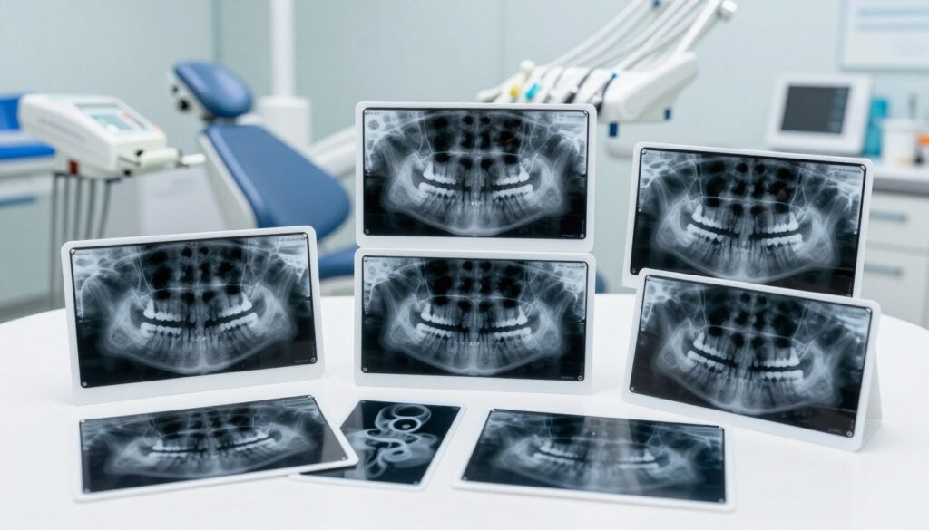 An arranged collection of dental X-ray images displayed prominently on a clean, sterile background. In the foreground, showcase various types of dental X-ray films, including periapical, panoramic, and bitewing images, clearly highlighting unique dental structures and potential issues. The middle layer presents a dental examination room with modern equipment like a dental chair and tools, emphasizing a professional environment. The background portrays a soft, diffused light to create a calm and clinical atmosphere, enhancing the focus on the X-ray images. Use a slight overhead angle for dynamic perspective, emphasizing the clarity and detail of each X-ray. The overall mood should convey professionalism, education, and a focus on dental health. An arranged collection of dental X-ray images displayed prominently on a clean, sterile background. In the foreground, showcase various types of dental X-ray films, including periapical, panoramic, and bitewing images, clearly highlighting unique dental structures and potential issues. The middle layer presents a dental examination room with modern equipment like a dental chair and tools, emphasizing a professional environment. The background portrays a soft, diffused light to create a calm and clinical atmosphere, enhancing the focus on the X-ray images. Use a slight overhead angle for dynamic perspective, emphasizing the clarity and detail of each X-ray. The overall mood should convey professionalism, education, and a focus on dental health.