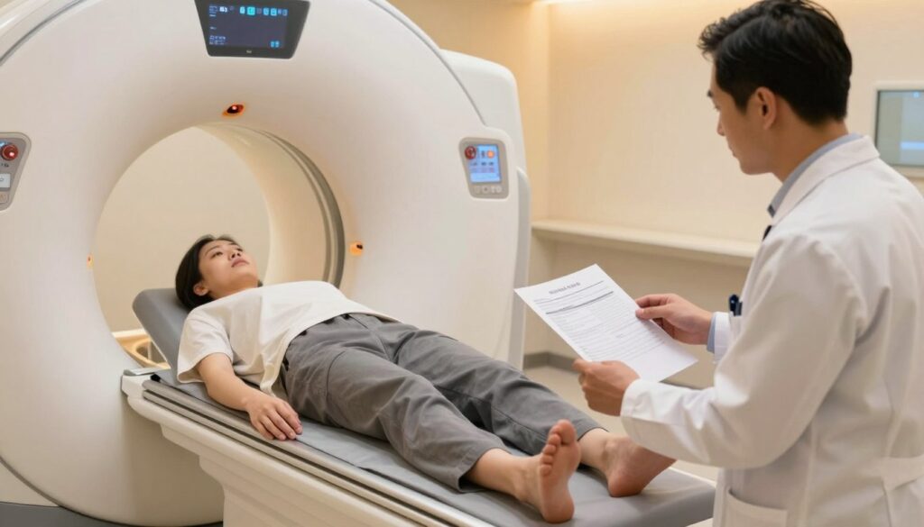 An indoor MRI preparation room, featuring a patient lying on an MRI table, dressed in comfortable, modest clothing, looking slightly anxious yet calm. In the foreground, a healthcare professional in a white lab coat is discussing pre-scan procedures with the patient, gesturing towards a printed information sheet about MRI guidelines. In the middle, the advanced MRI machine looms, with its sleek design and glowing control panel. The background is softly lit with warm, inviting lights and calming colors, enhancing a serene atmosphere. The scene conveys professionalism and care, portraying a sense of safety and comfort in a medical environment. An indoor MRI preparation room, featuring a patient lying on an MRI table, dressed in comfortable, modest clothing, looking slightly anxious yet calm. In the foreground, a healthcare professional in a white lab coat is discussing pre-scan procedures with the patient, gesturing towards a printed information sheet about MRI guidelines. In the middle, the advanced MRI machine looms, with its sleek design and glowing control panel. The background is softly lit with warm, inviting lights and calming colors, enhancing a serene atmosphere. The scene conveys professionalism and care, portraying a sense of safety and comfort in a medical environment.