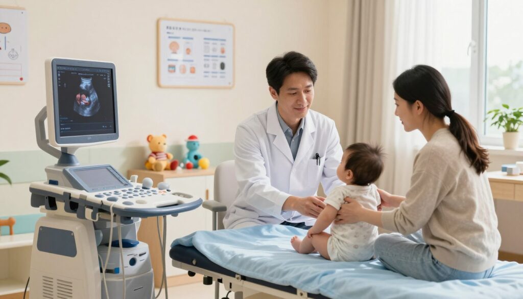 An inviting and serene pediatric clinic setting, showcasing a healthcare professional gently performing an ultrasound on a cozy examination table with a soft blue blanket. In the foreground, a modern ultrasound machine displays a clear image of an infant's hip joint, surrounded by colorful toys and informative charts on the walls. The middle part features a calm, focused doctor in a tidy lab coat, emphasizing professionalism and care, while comforting the baby’s parent, who is dressed in casual yet modest clothing. The background enriches the scene with warm natural light filtering through a window, creating a sense of trust and safety. The atmosphere conveys reassurance and the importance of early health checks for newborns. An inviting and serene pediatric clinic setting, showcasing a healthcare professional gently performing an ultrasound on a cozy examination table with a soft blue blanket. In the foreground, a modern ultrasound machine displays a clear image of an infant's hip joint, surrounded by colorful toys and informative charts on the walls. The middle part features a calm, focused doctor in a tidy lab coat, emphasizing professionalism and care, while comforting the baby’s parent, who is dressed in casual yet modest clothing. The background enriches the scene with warm natural light filtering through a window, creating a sense of trust and safety. The atmosphere conveys reassurance and the importance of early health checks for newborns.